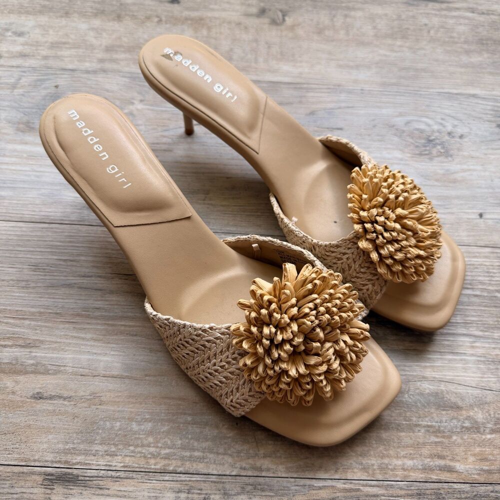 Madden Girl Calluna Raffia Flower Heeled Sandals Nude Beige Women’s Size 10